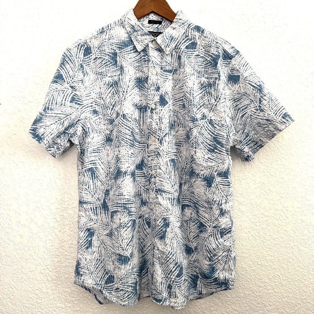 RYE Blue White Floral Palm Leaf Short Sleeve Regular Fit Textured Men Size L
